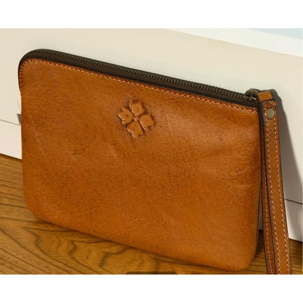 Patricia Nash leather zip wristlet pouch warm cognac tan embossed floral purse